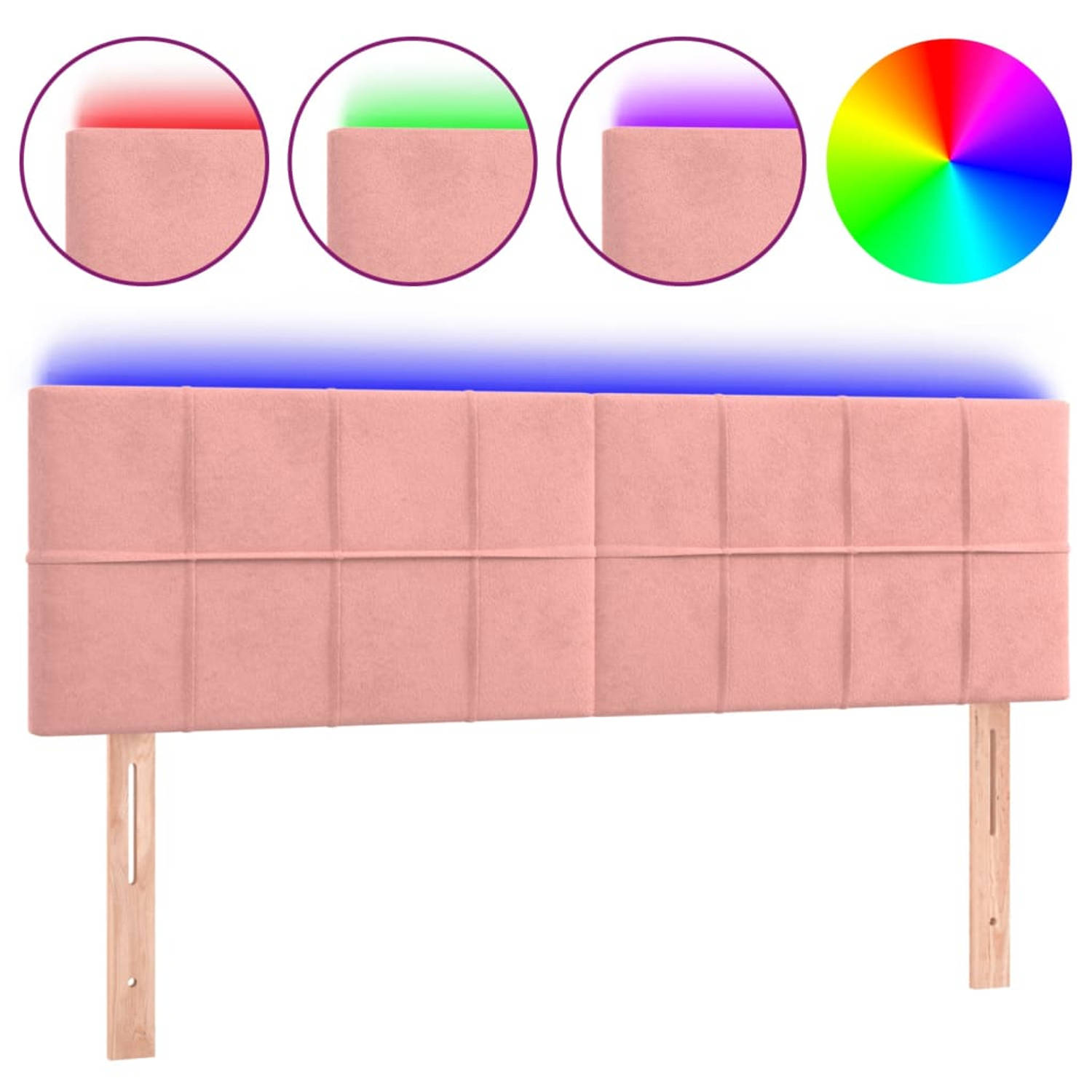 The Living Store Hoofdeind LED-fluwelen bedhoofdbord - 144 x 5 x 78/88 cm - roze