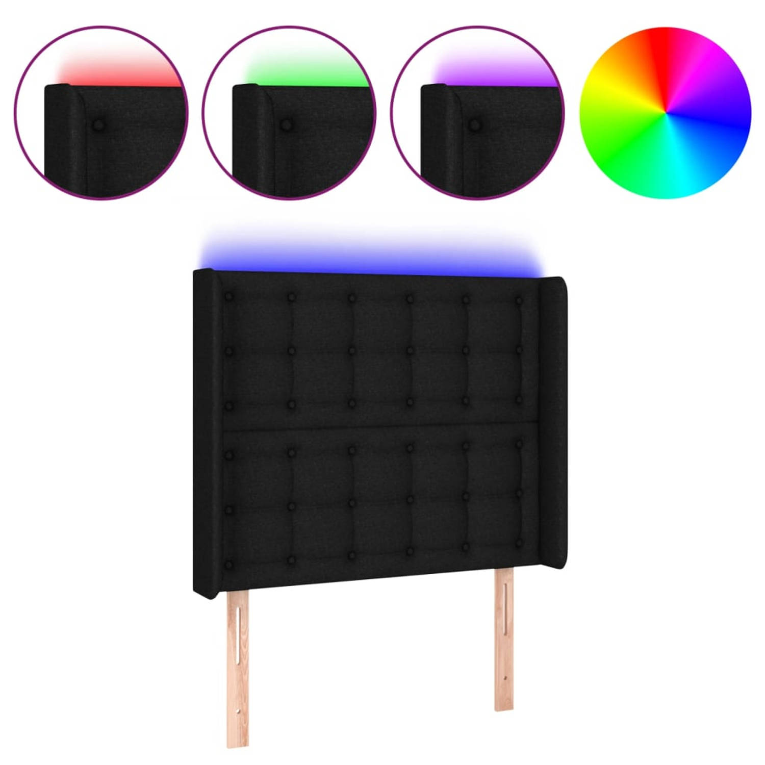 The Living Store Klassiek LED-hoofdbord - Hoofdeinde - 103x16x118/128 cm - Zwart stof (100% polyester) hout vulling - Verstelbare hoogte - Kleurrijke LED-verlichting
