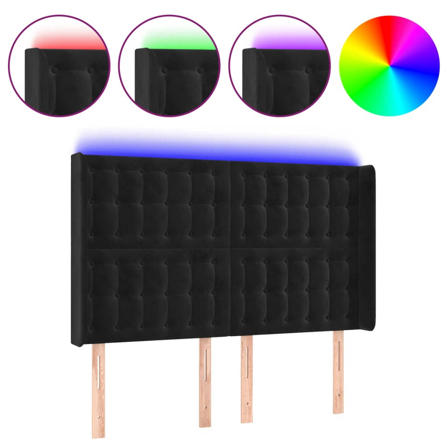 The Living Store Hoofdbord - Fluweel - Verstelbaar - Comfortabele ondersteuning - Snijdbare LED-strip - Zwart