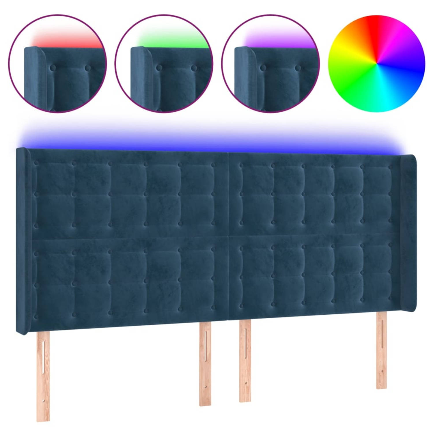 The Living Store LED Hoofdbord - Hoofdeinde - Donkerblauw - 183 x 16 x 118/128 cm - Verstelbare hoogte - Zacht fluweel - Kleurrijke LED-verlichting - Snijdbare LED-strip - Montageh