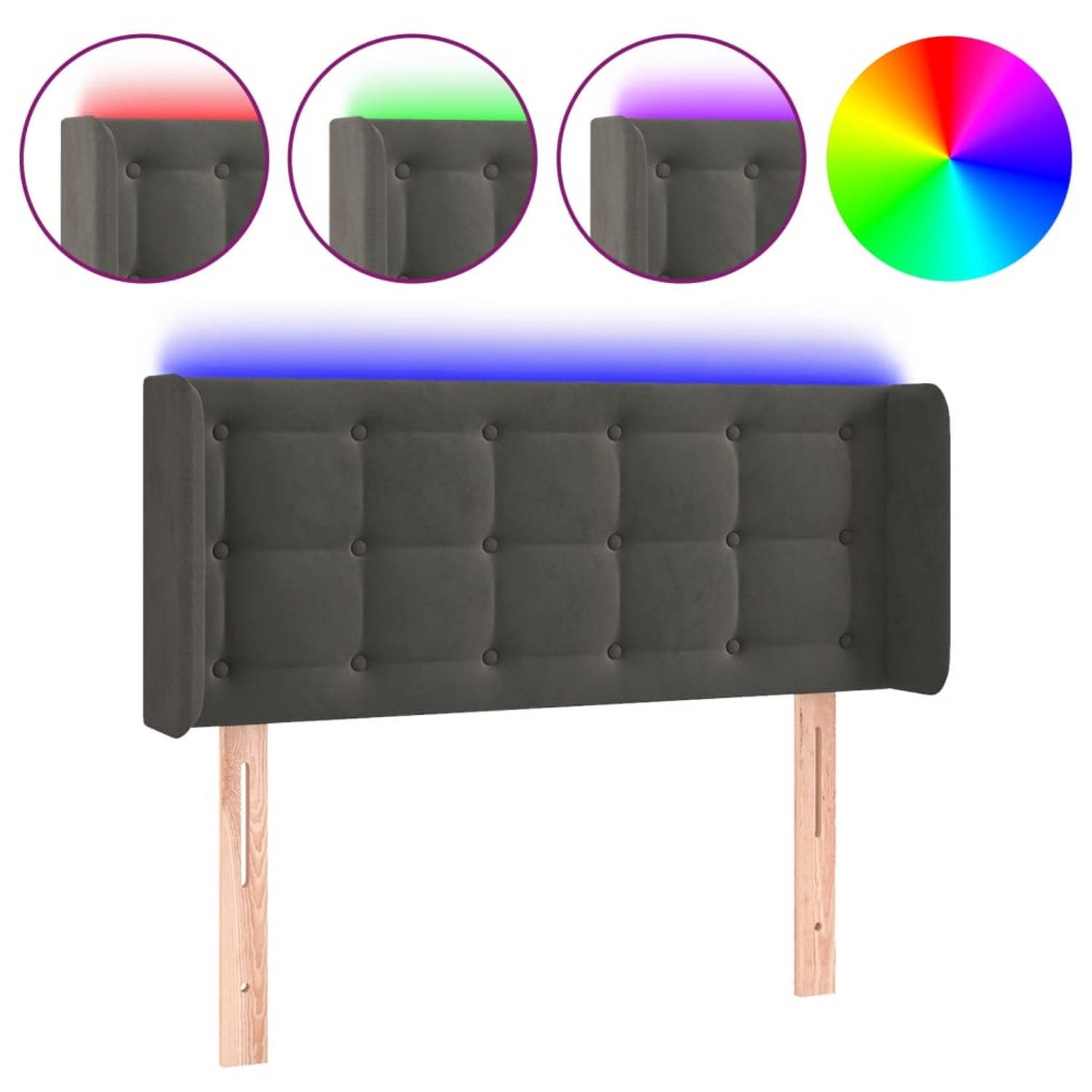 The Living Store Hoofdbord LED - Donkergrijs - 93 x 16 x 78/88 cm - Verstelbaar - Fluweel - Kleurrijke LED - USB - IP65