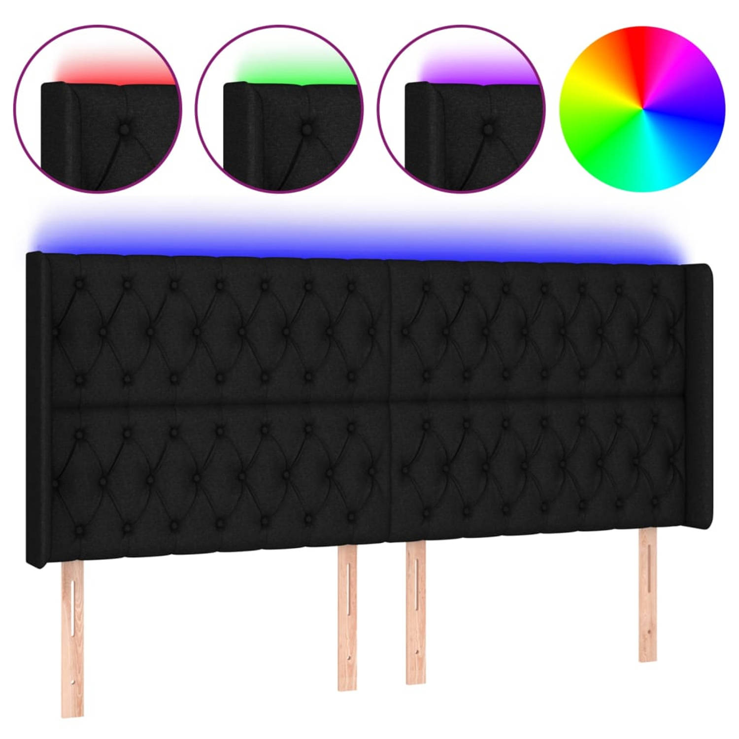 The Living Store Hoofdbord LED - Zwart - 183x16x118/128 cm - Verstelbare Hoogte - Duurzaam materiaal - Kleurrijke LED-verlichting - Snijdbare LED-strip - USB-aansluiting