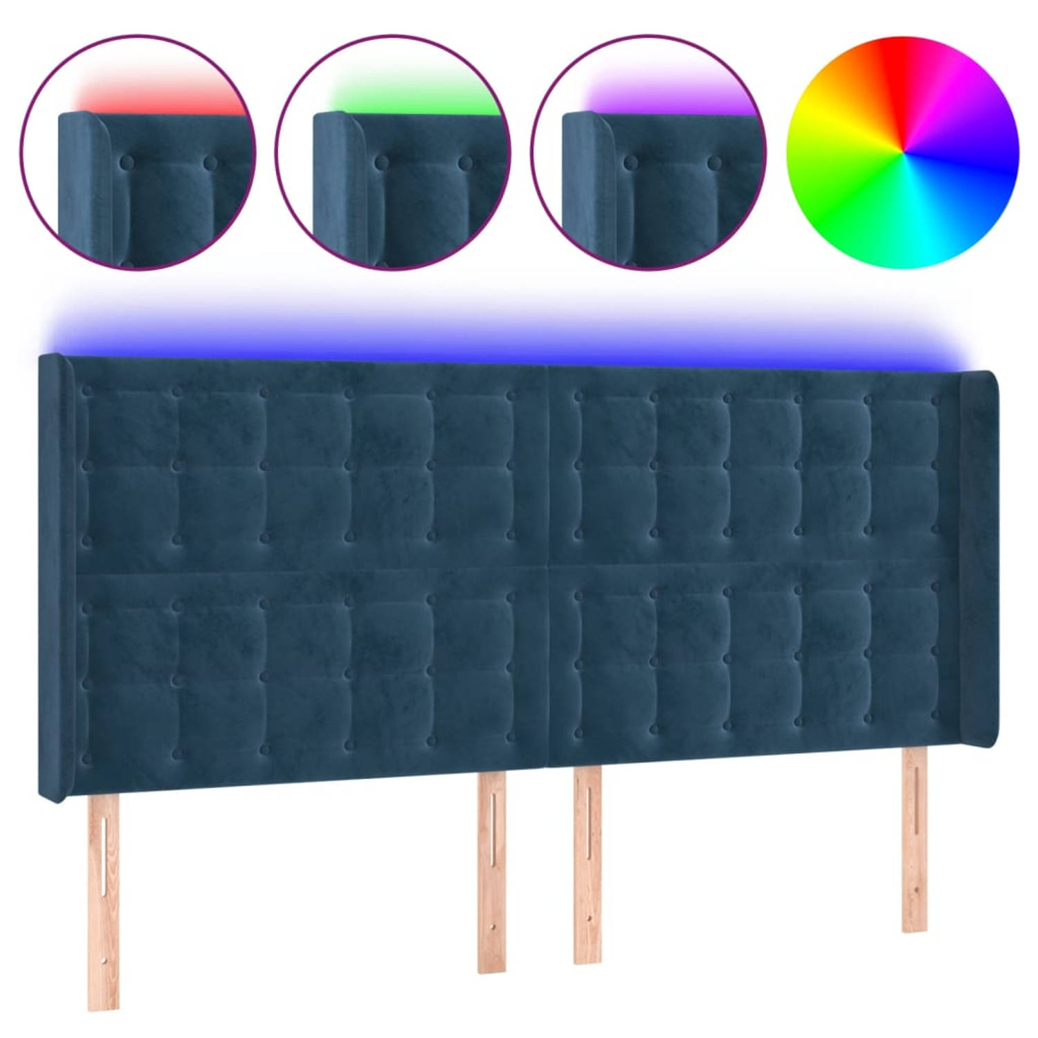 The Living Store Hoofdbord Verstelbaar - 163 x 16 x 118/128 cm - Donkerblauw LED-fluwelen stof - Kleurrijke LED-verlichting