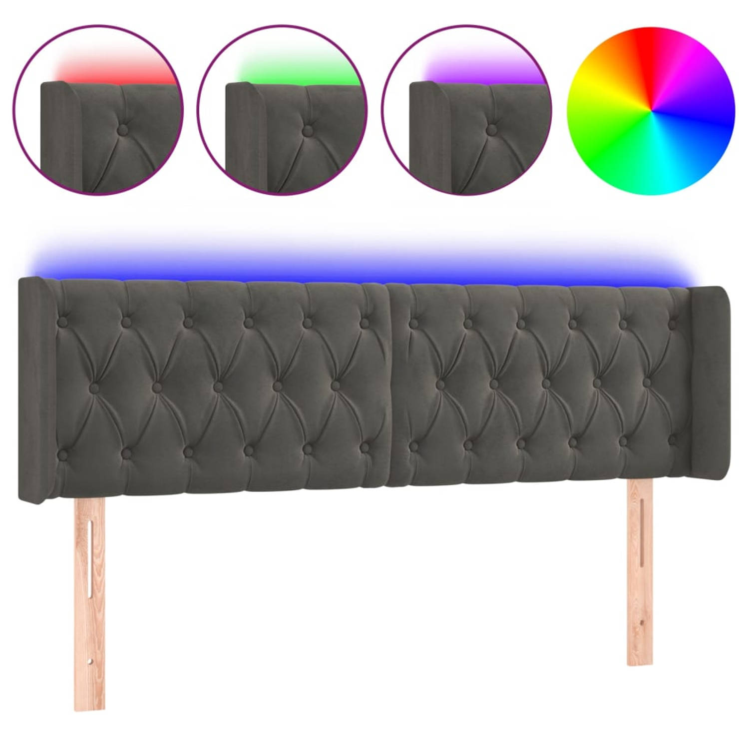 The Living Store Hoofdbord LED - donkergrijs - 147x16x78/88 cm - verstelbaar - fluweel - kleurrijke LED - snijdbare LED-strip - montagehandleiding - 1 hoofdbord met randen 2 LED-st