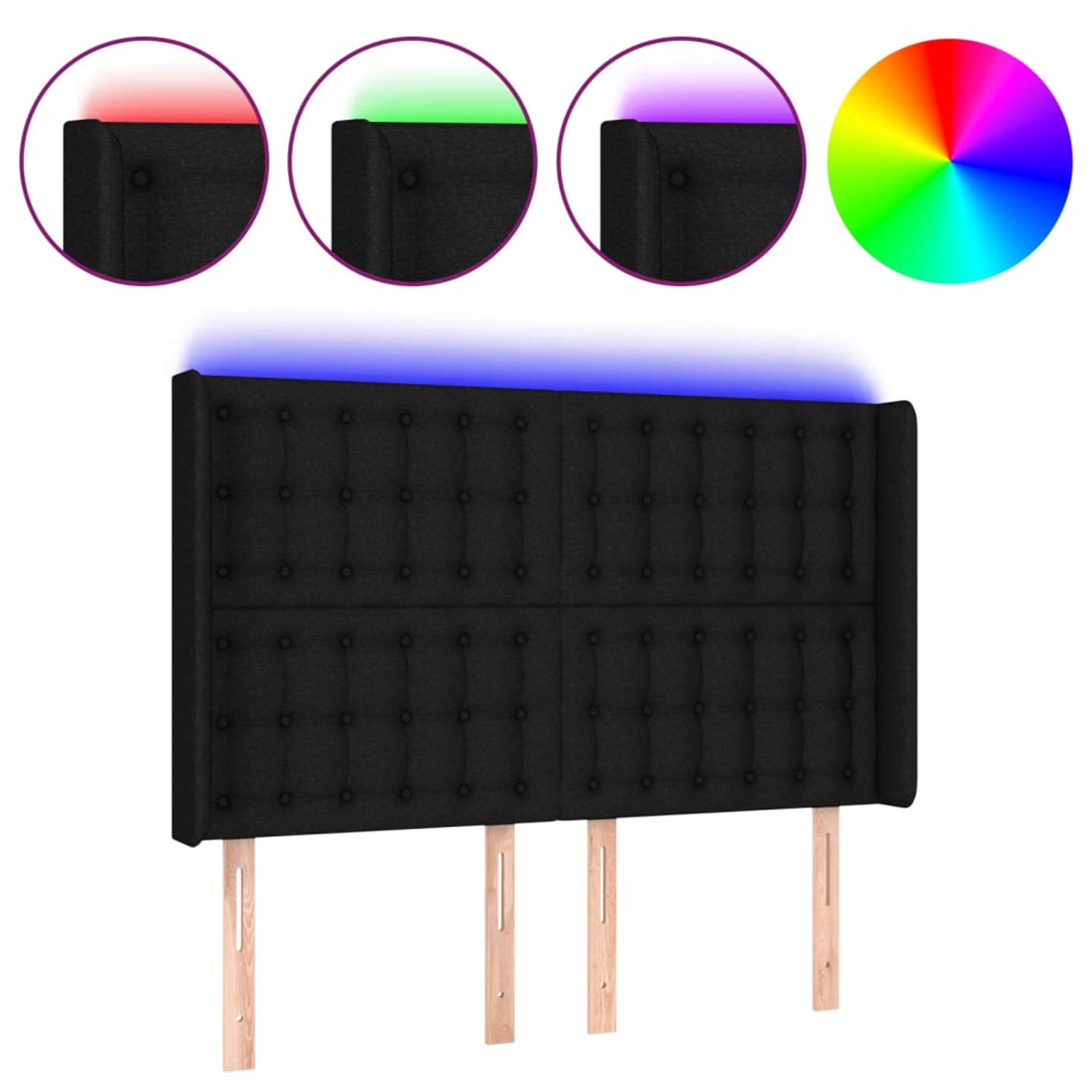 The Living Store Hoofdbord klassiek LED zwart - 147x16x118/128 cm - verstelbare hoogte - comfortabele ondersteuning - snijdbare LED-strip - duurzaam
