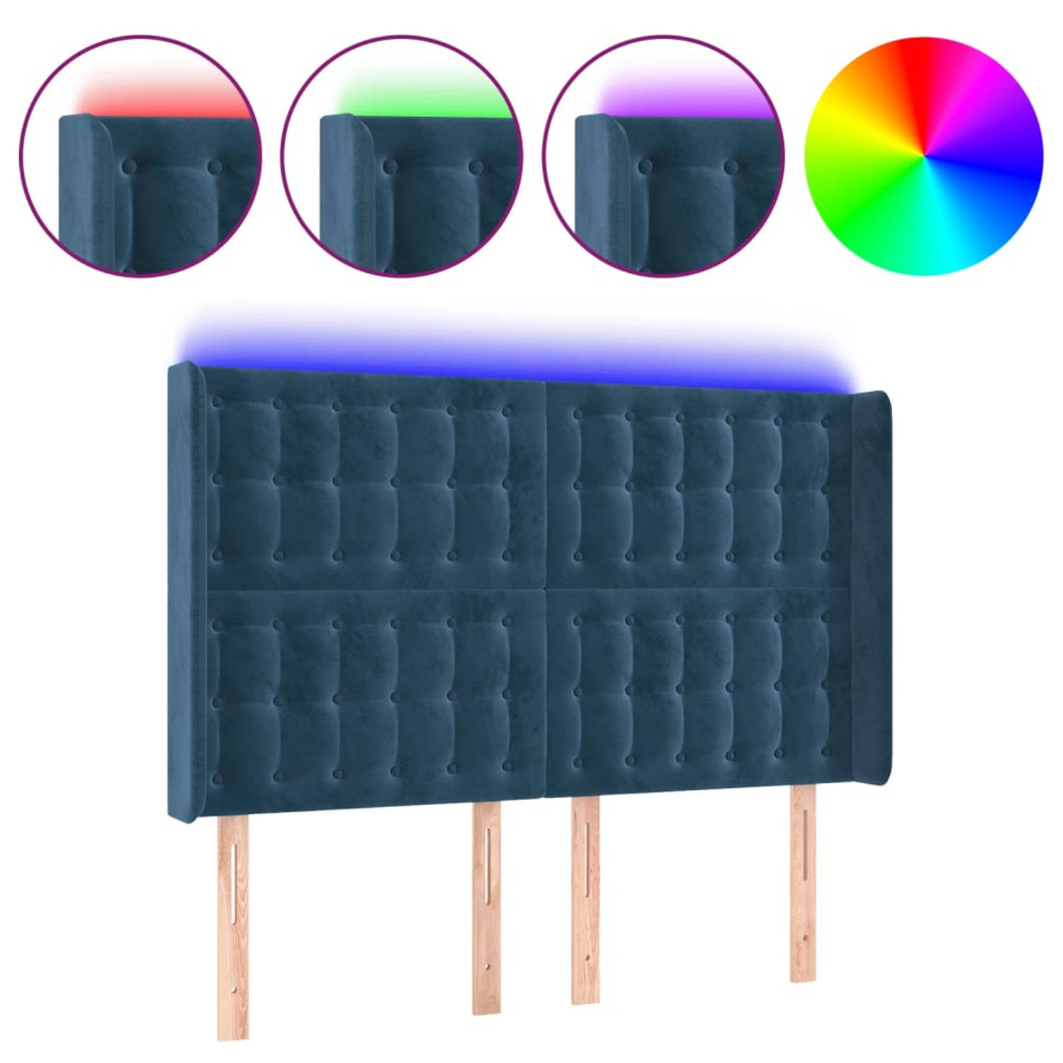 The Living Store - Hoofdbord met LED-verlichting - Kleur- donkerblauw - Afmetingen- 147x16x118/128 cm - Verstelbare hoogte - Comfortabele ondersteuning - Snijdbare LED-strip - Mont