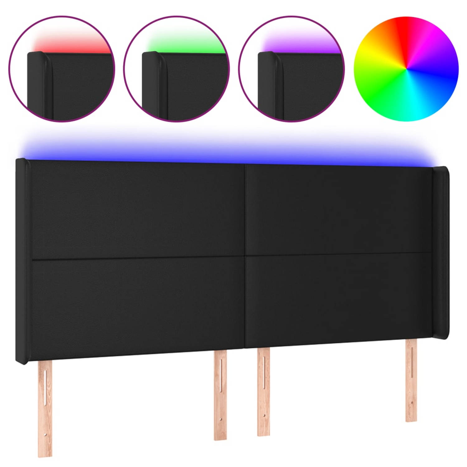 The Living Store LED-hoofdbord - Klassiek - Zwart - 183x16x118/128 cm - Duurzaam kunstleer - Kleurrijke LED-verlichting