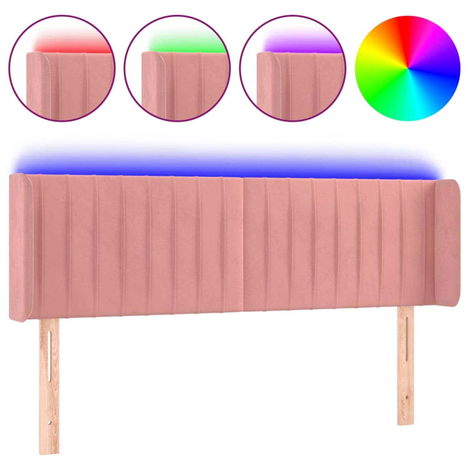 The Living Store Hoofdbord LED Roze - Fluwelen stof - Verstelbaar - Comfortabele ondersteuning - Snijdbare LED-strip - 147 x 16 x 78/88 cm - IP65 - incl - 2 LED-strips