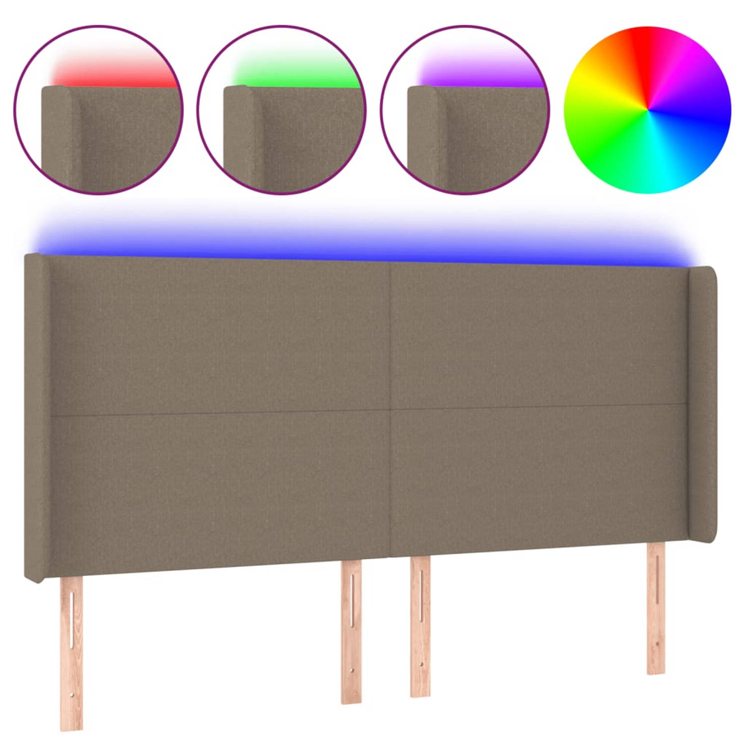 The Living Store Hoofdbord - Bedhoofdeinde - 203 x 16 x 118/128 cm - Taupe stof - Verstelbare hoogte - Comfortabele ondersteuning - Snijdbare LED-strip
