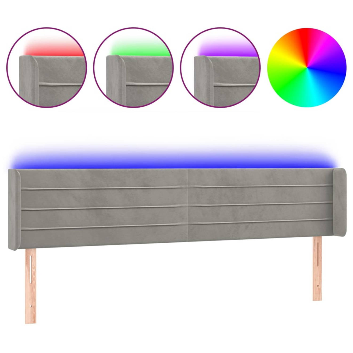 The Living Store Hoofdbord Lichtgrijs - Stof 183x16x78cm - Verstelbaar - Comfortabele ondersteuning - Kleurrijke LED-verlichting - Snijdbare LED-strip