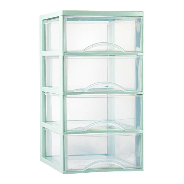 Plasticforte Ladeblokje/bureau organizer 4x lades - transparant/mintgroen - L26 x B36 x H49 cm - Ladeblok