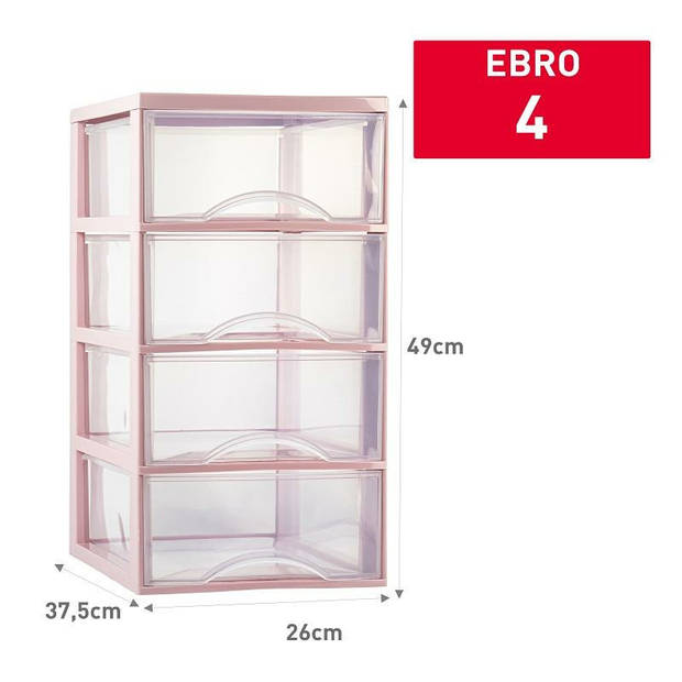 Plasticforte Ladeblokje/bureau organizer 4x lades - transparant/roze - L26 x B36 x H49 cm - Ladeblok