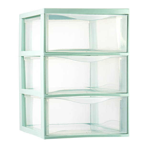 Plasticforte Ladeblokje/bureau organizer 3x lades - transparant/lichtgroen - L26 x B37 x H37 cm - Ladeblok