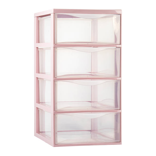 Plasticforte Ladeblokje/bureau organizer 4x lades - transparant/roze - L26 x B37 x H49 cm - Ladeblok