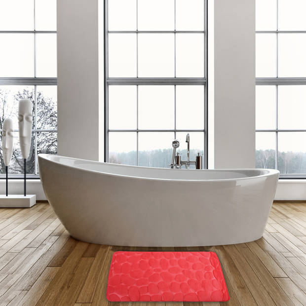 Badkamerkleedje/badmat tapijt - kiezel motief - vloermat - rood - 50 x 80 cm - laagpolig - Badmatjes
