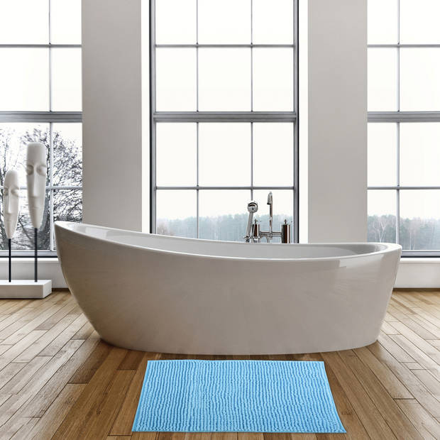 MSV Douche anti-slip mat en droogloop mat - Sevilla badkamer set - rubber/microvezel - lichtblauw - Badmatjes