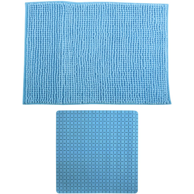 MSV Douche anti-slip mat en droogloop mat - Sevilla badkamer set - rubber/microvezel - lichtblauw - Badmatjes