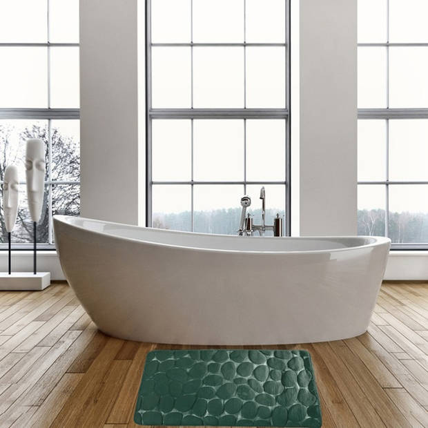 Badkamerkleedje/badmat tapijt - kiezel motief - vloermat - donkergroen - 50 x 80 cm - laagpolig - Badmatjes