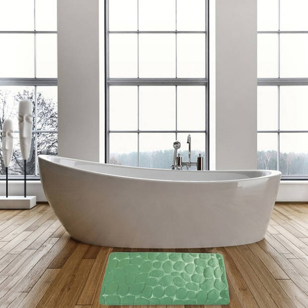 Badkamerkleedje/badmat tapijt - kiezel motief - vloermat - groen - 50 x 80 cm - laagpolig - Badmatjes