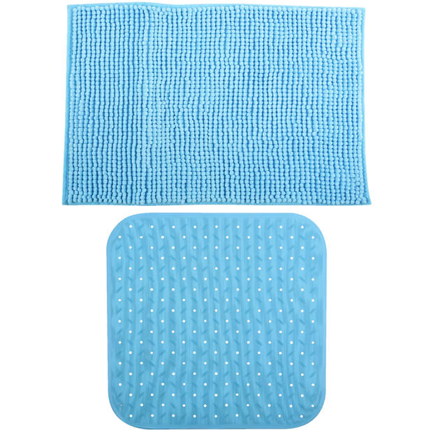 MSV Douche anti-slip mat en droogloop mat - Sevilla badkamer set - rubber/microvezel - lichtblauw - Badmatjes