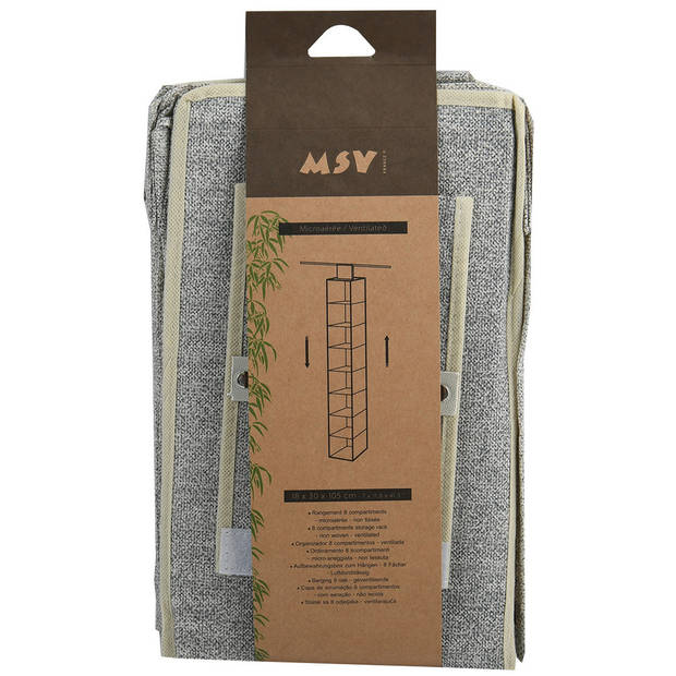 MSV kast organiser - hangend - 8 vakken - 18 x 30 x 105 cm - grijs - Opbergmanden