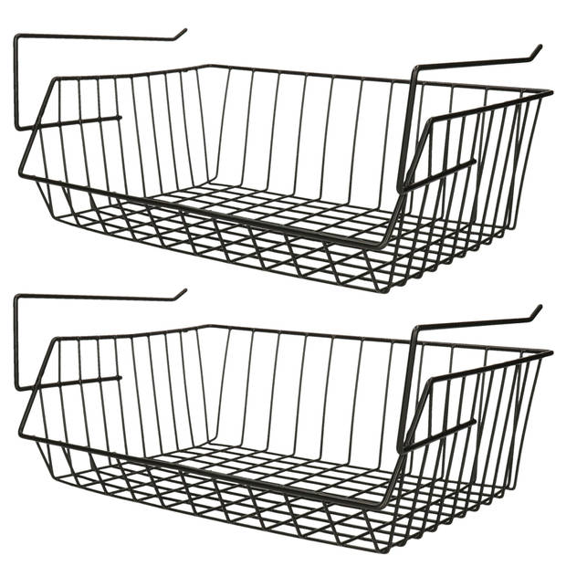 MSV Kastmandje - 2x - opberg/hang mandjes - rvs - zwart - 40 x 27 x 17 cm - Opbergmanden