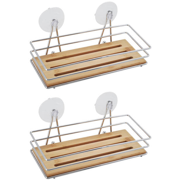 MSV doucherek - 2x - bamboe hout - metaal - 27 x 12 x 10 cm - Douche- en badrekjes