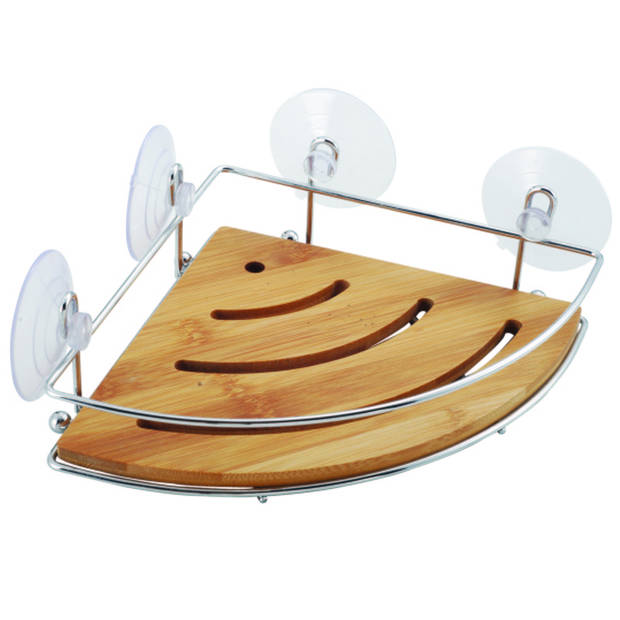 MSV doucherek - 2x - hoek-model - bamboe hout - metaal - 20 x 20 cm - Douche- en badrekjes