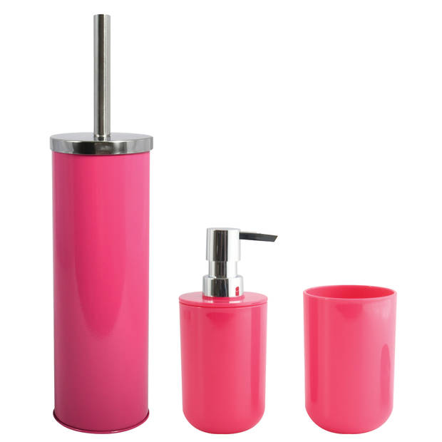 MSV Toiletborstel in houder/beker/zeeppompje badkamer set Moods - metaal/kunststof - fuchsia roze - Badkameraccessoirese