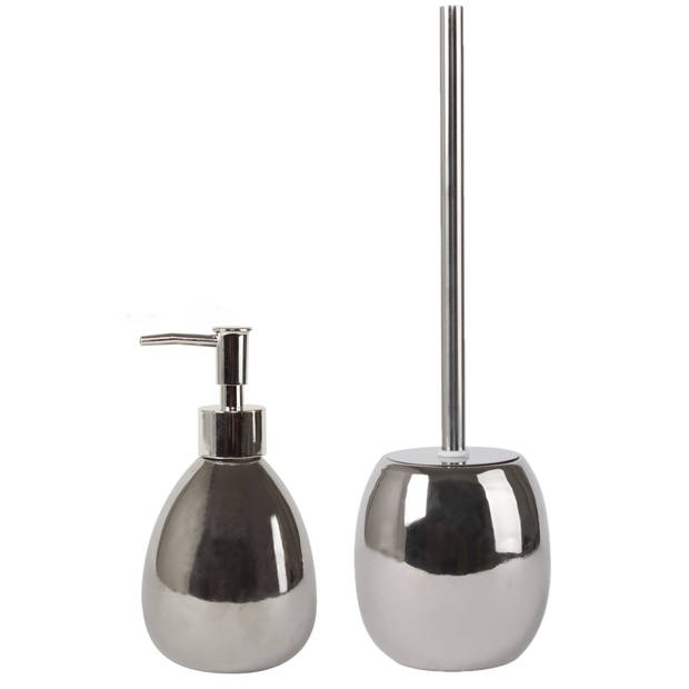 MSV Toiletborstel in houder 39 cm/zeeppompje set Kymi - Polyresin/rvs - zilver - Badkameraccessoireset