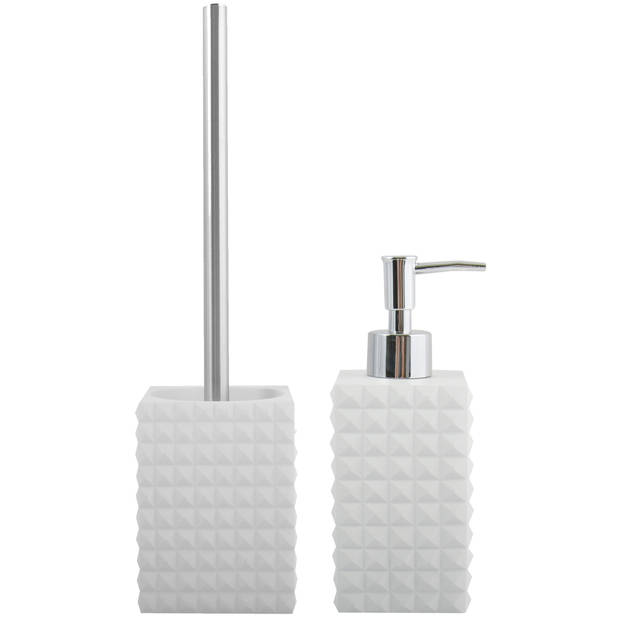 MSV Toiletborstel in houder 37 cm/zeeppompje set Kubik - Polyresin/rvs - ivoor wit - Badkameraccessoireset