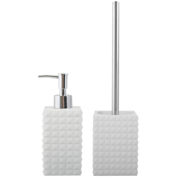 MSV Toiletborstel in houder 37 cm/zeeppompje set Kubik - Polyresin/rvs - ivoor wit - Badkameraccessoireset