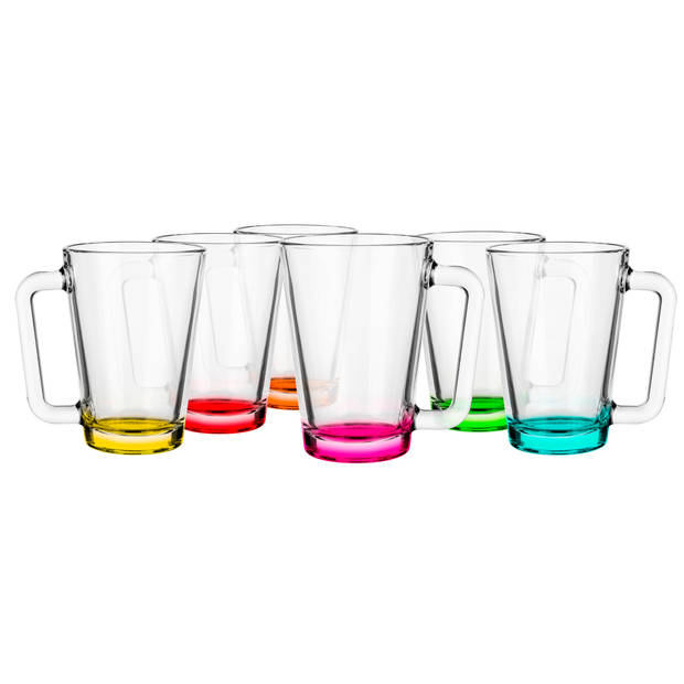 Glasmark Theeglazen/koffie glazen met gekleurde basis - transparant glas - 6x stuks - 300 ml - Koffie- en theeglazen