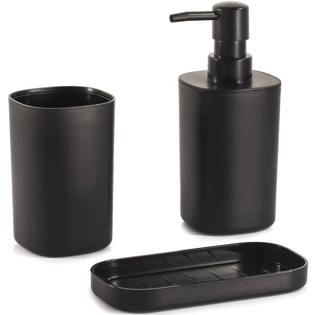 MSV Badkamer accessoires set 3-delig Lona -&nbsp; Kunststof - Zwart - Zeeppompje/beker/schaaltje - Badkameraccessoireset