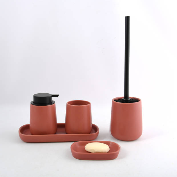 MSV Toiletborstel in houder/zeeppompje/pedaalemmer - badkamer set Malmo - keramiek - terracotta - Badkameraccessoireset