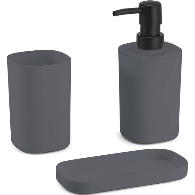 MSV Badkamer accessoires set 3-delig Lona - Kunststof - Donkergrijs - Zeeppompje/beker/schaaltje - Badkameraccessoireset