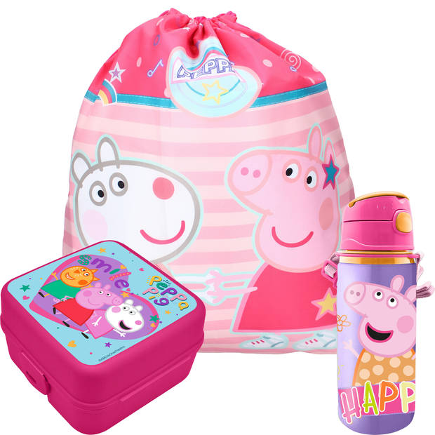 Peppa Pig lunchbox set voor kinderen - 3-delig - roze - incl. gymtas/schooltas - Lunchboxen