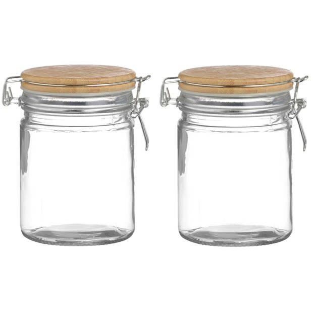 Urban Living Voorraadpot/bewaarpot - 2x - 700 ml - glas - met beugelsluiting - bamboe deksel - Voorraadpot