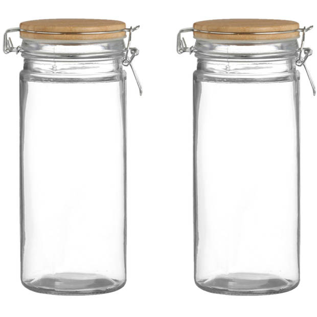 Urban Living Voorraadpot/bewaarpot - 2x - 1,3L - glas - met beugelsluiting - bamboe deksel - Voorraadpot