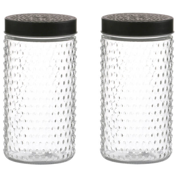 Urban Living Voorraadpot/bewaarpot Roma - 2x - 1.5L - glas - zwart - D12 x H22 cm - Voorraadpot