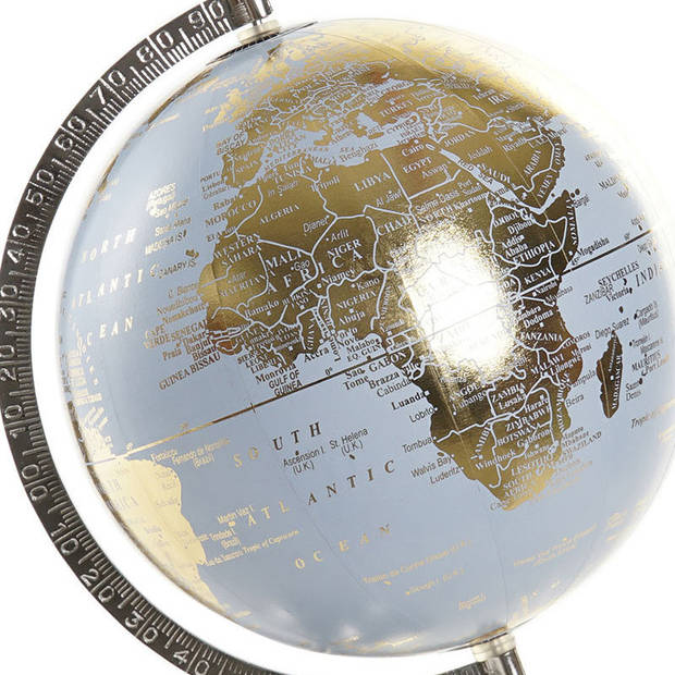 Items Deco Wereldbol/globe op voet - kunststof - blauw/goud - home decoratie artikel - D20 x H30 cm - Wereldbollen
