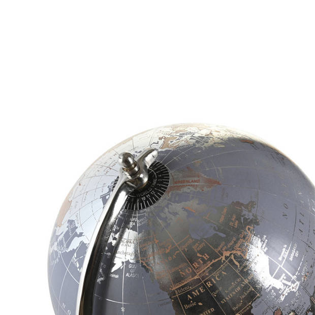 Items Deco Wereldbol/globe op voet - kunststof - blauw/zilver - home decoratie artikel - D20 x H30 cm - Wereldbollen
