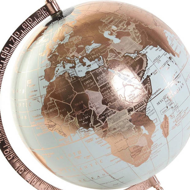 Items Deco Wereldbol/globe op voet - kunststof - blauw/rose goud - home decoratie artikel - D20 x H30 cm - Wereldbollen