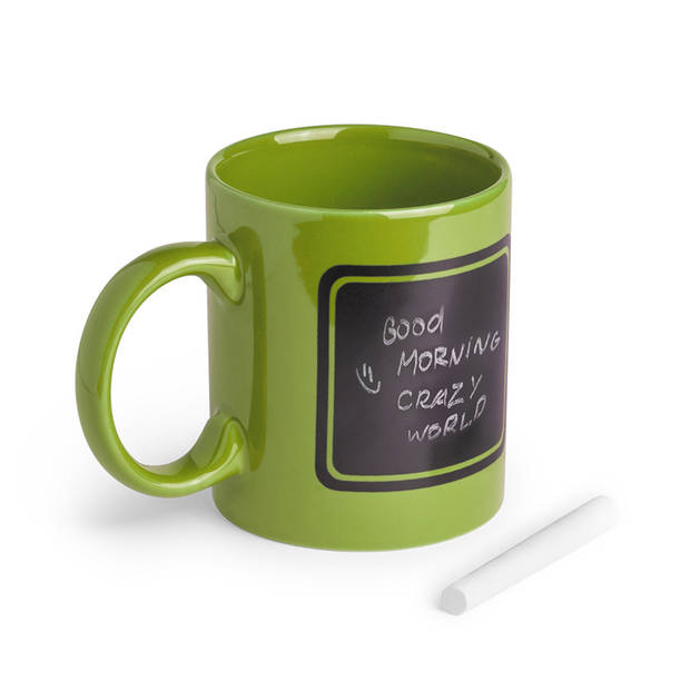 Luxe krijt koffiemok/beker - 2x - groen - keramiek - met zwart schrijfvlak - 350 ml - Bekers