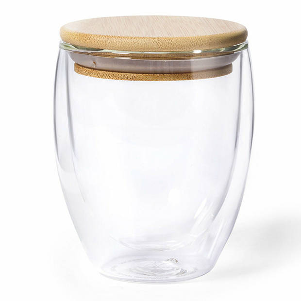 Thermische koffieglazen/theeglazen dubbelwandig - 2x - met bamboe deksel - 250 ml - Koffie- en theeglazen