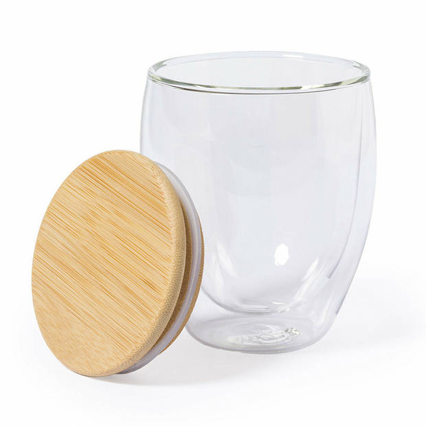 Thermische koffieglazen/theeglazen dubbelwandig - met bamboe deksel - 250 ml - Koffie- en theeglazen