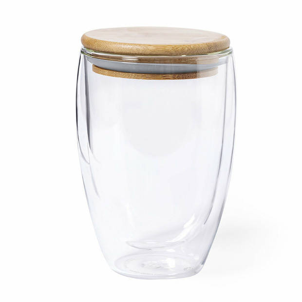 Thermische koffieglazen/theeglazen dubbelwandig - 2x - met bamboe deksel - 350 ml - Koffie- en theeglazen