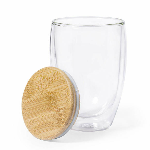 Thermische koffieglazen/theeglazen dubbelwandig - 2x - met bamboe deksel - 350 ml - Koffie- en theeglazen