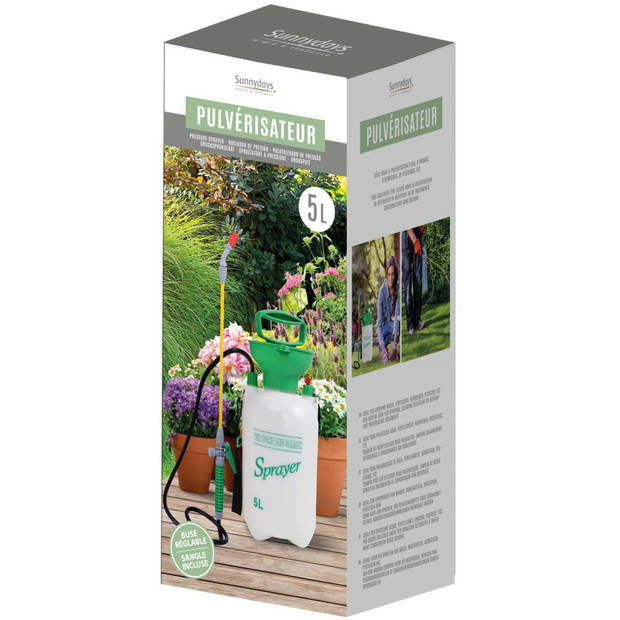 Sunnydays Plantenspuit met hoge druk sproeier en lange spuit - kunststof - 5 liter - wit/groen - Plantenspuiten