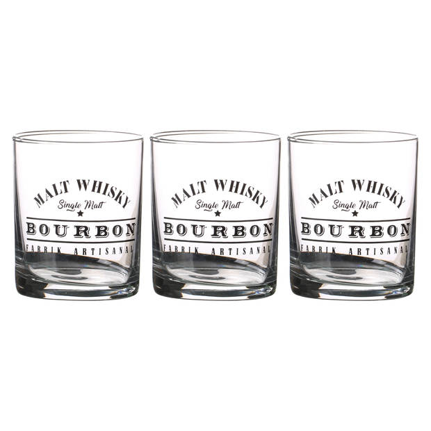 Urban Living whiskey/water/drinkglazen Comptoir - gedecoreerd glas - 3x stuks - 280 ml - Whiskeyglazen